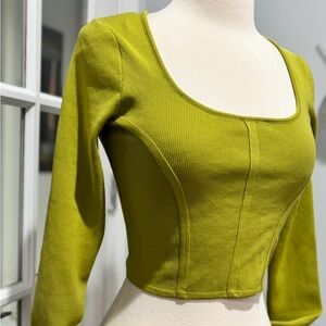 Happily Grey Ribbed Cropped Long Sleeve Top in Chartreuse/Lime Green